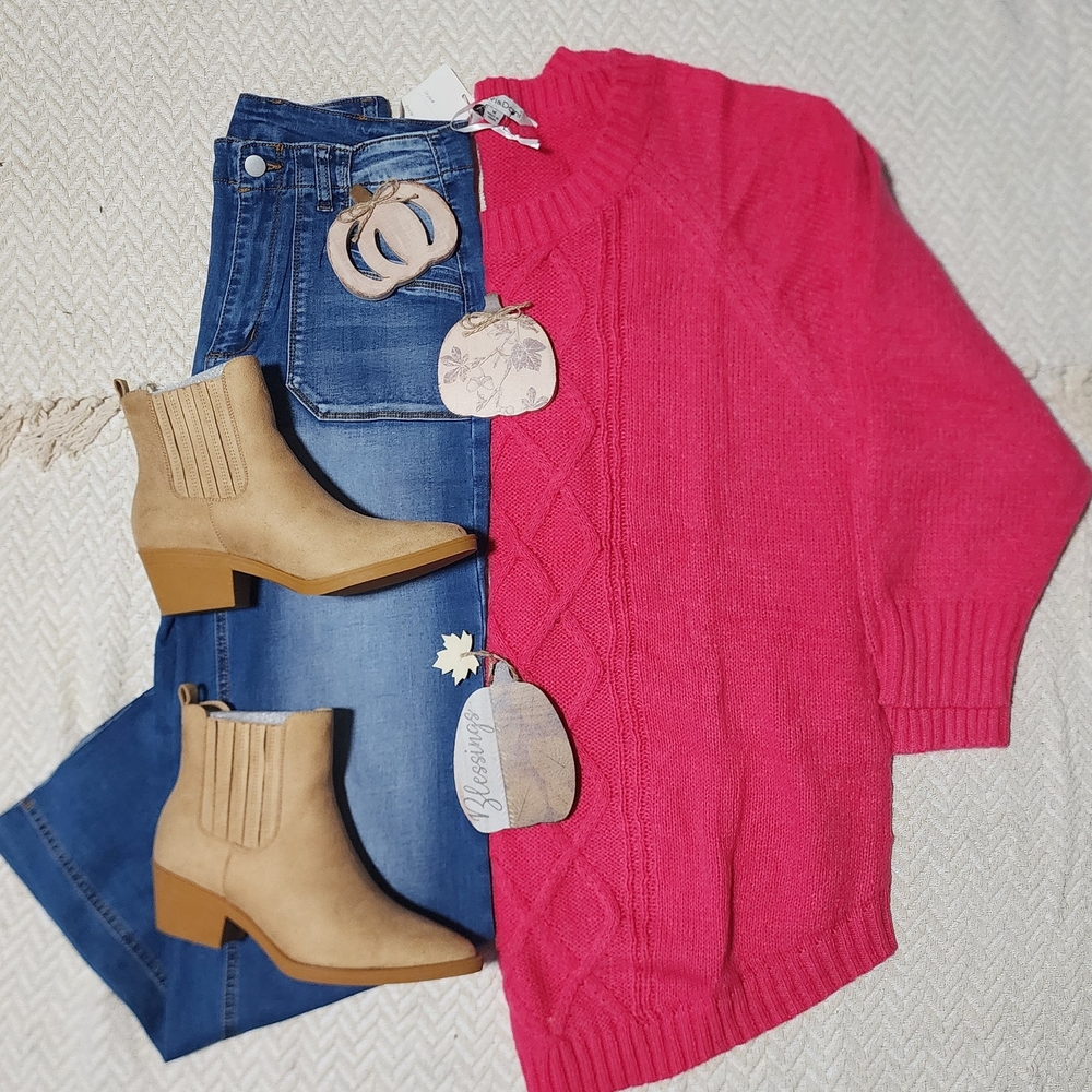 DAVI & DANI Pink Cable Knit Boho Western Sweater Shacket Jacket